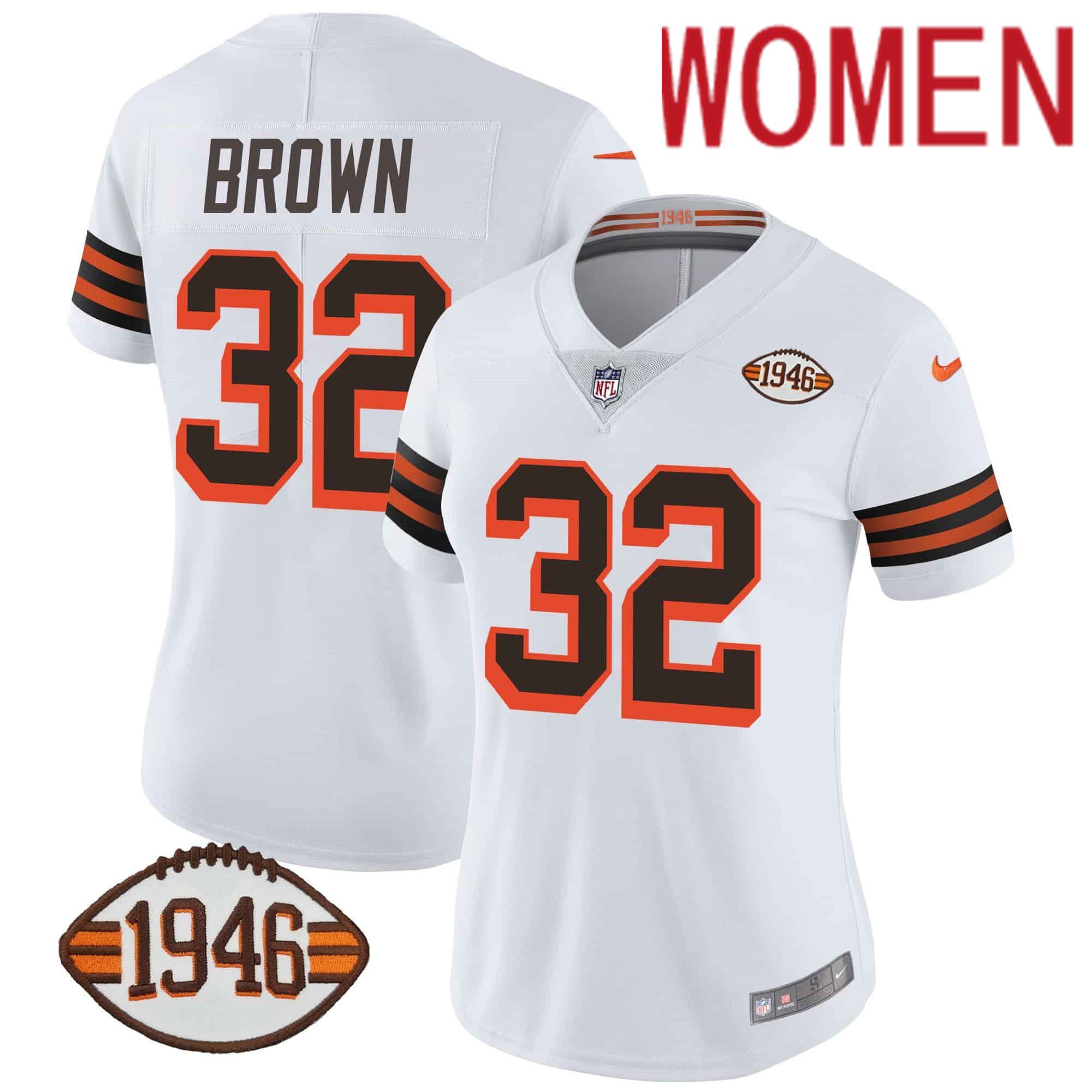 Women Cleveland Browns 32 Brown White 1946 75th Anniversary Patch 2024 Nike NFL Jersey